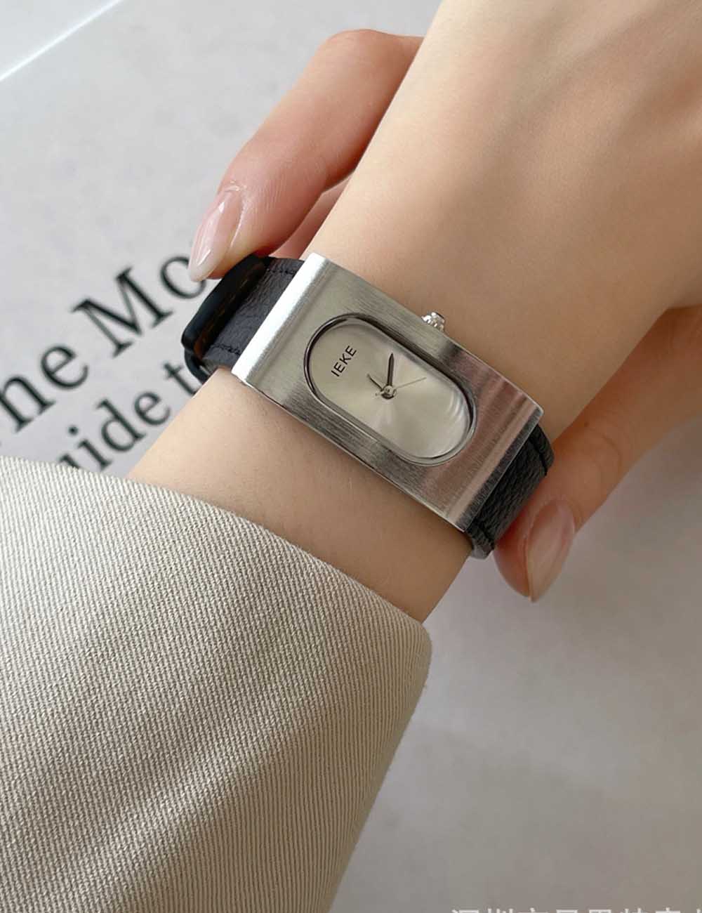 Rectangular Steel Dial Leather Strap Watch