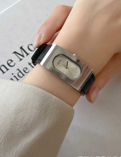 Rectangular Steel Dial Leather Strap Watch