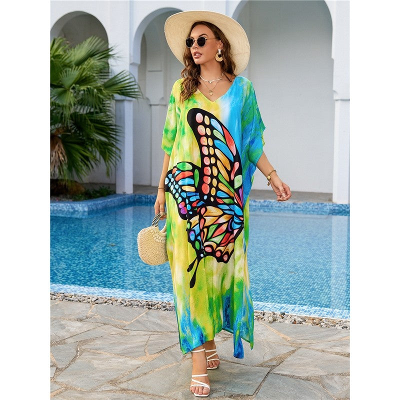 Contrast Color Butterfly Printing V-Neck Short Sleeve Long Beach Dress Bikini Cover-Up