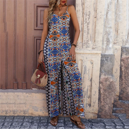 Backless Printed Suspender Wide-Leg Ethnic Style Jumpsuit