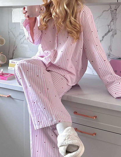 2 Pcs Casual Striped Button Down Pajamas Set