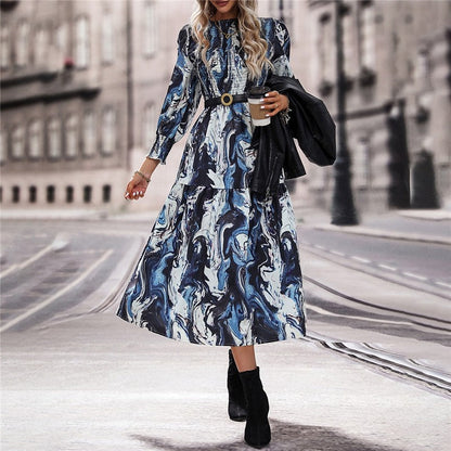 Long Sleeves Crewneck Printing A-Line Casual Dress