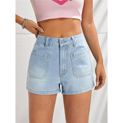 Classic Light Blue Buttoned Slimming High Waist Denim Shorts