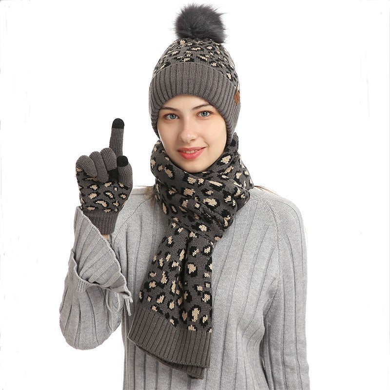 Leopard Print Warm Wool Hat Scarf Gloves Three-Piece Set
