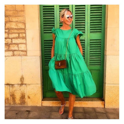 Solid Color Loose Pleated Short Sleeve Dress