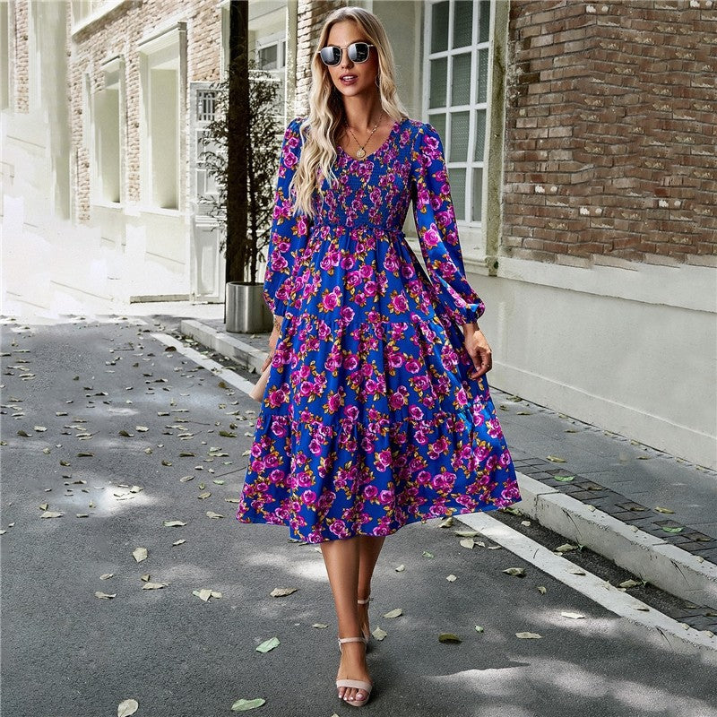 V Neck Print Nine Quarter Sleeve Dress