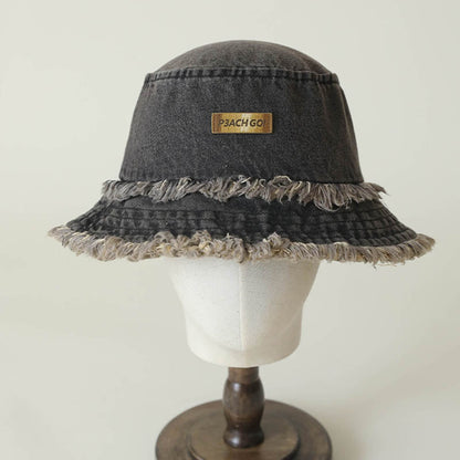 Denim Washed Distressed Frayed Bucket Hat