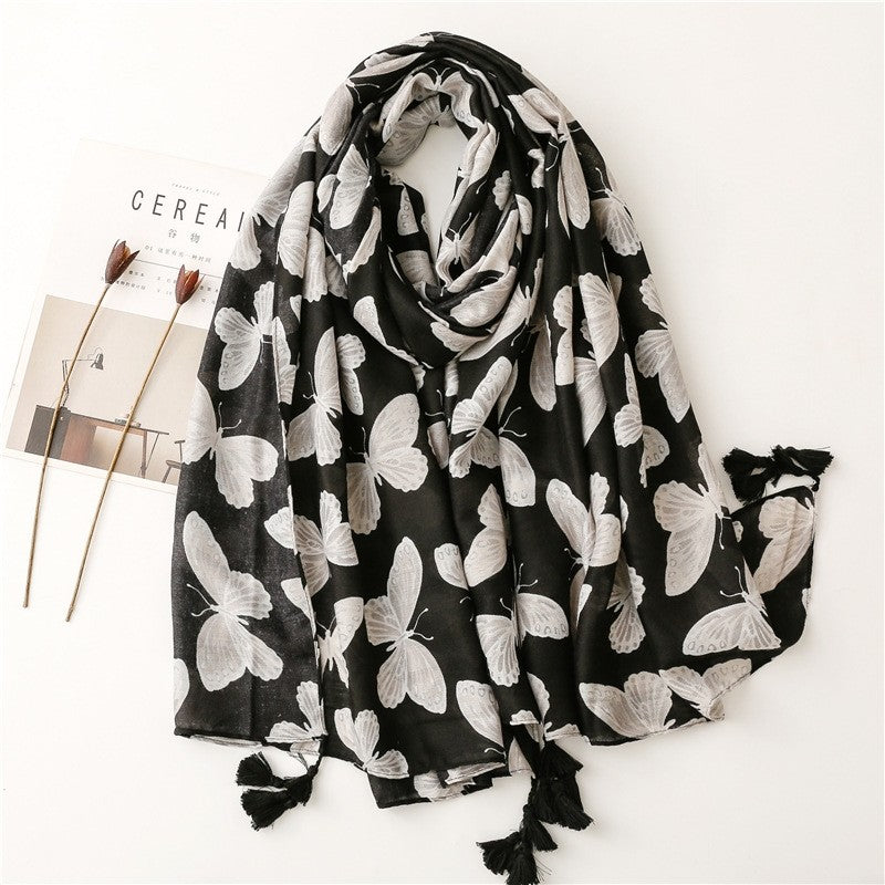 Black Butterfly Print Cotton Linen Scarf