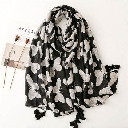 Black Butterfly Print Cotton Linen Scarf