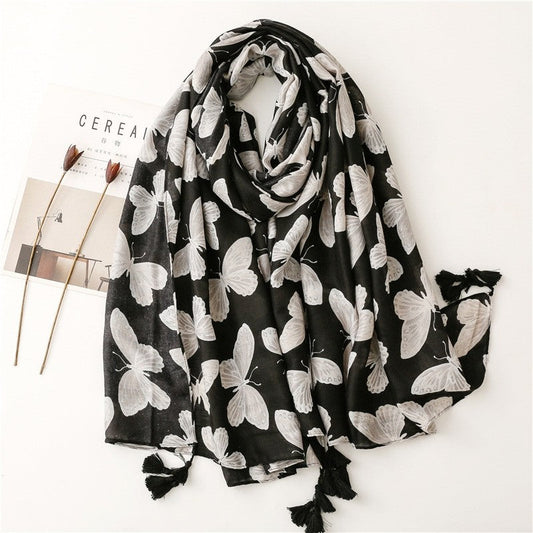 Black Butterfly Print Cotton Linen Scarf