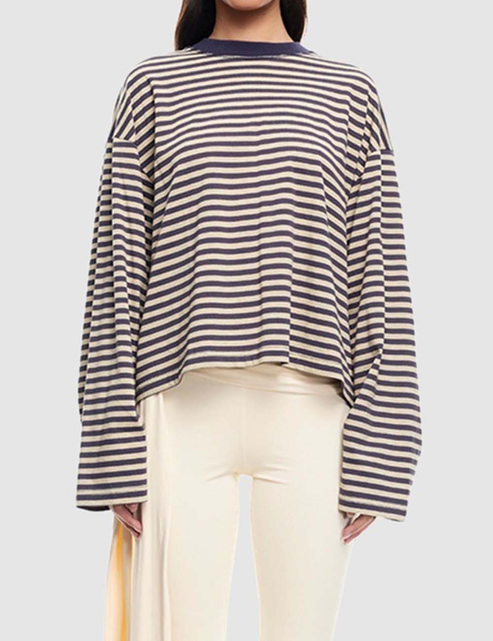 Round Neck Striped Long Sleeve Loose Shirt