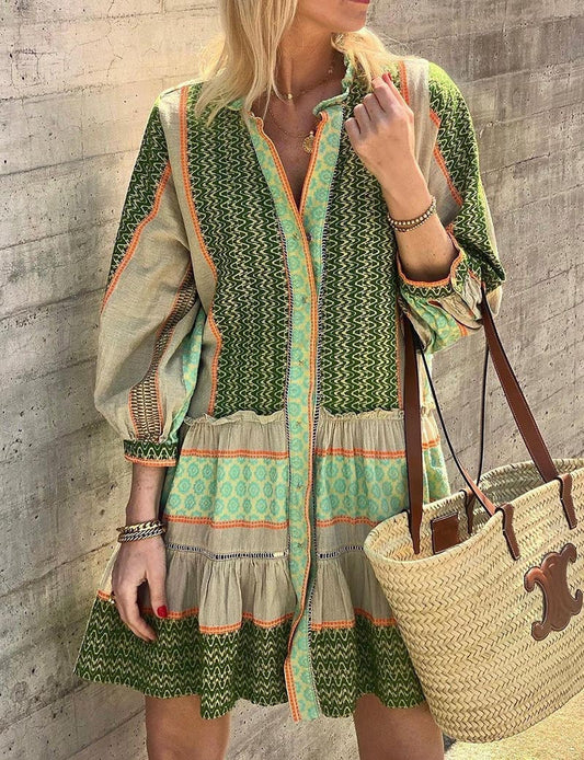 Ruffle Print Lantern Sleeves Buttons Mini Dress