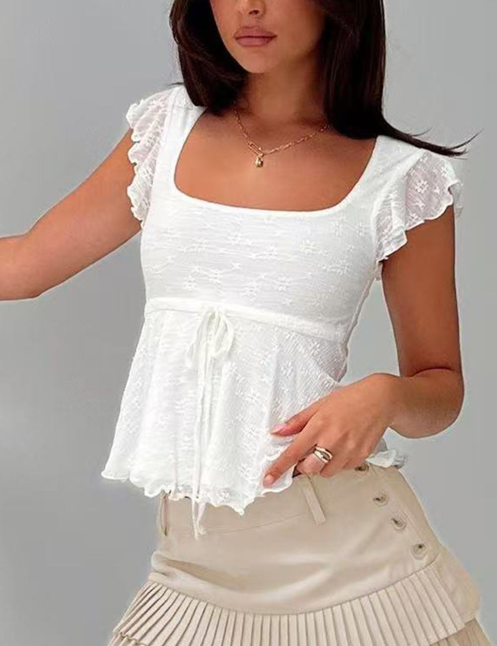 Simple Puff Sleeve Tie Front Cropped Top