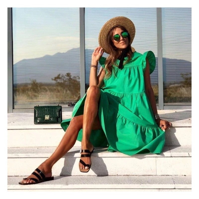 Solid Color Loose Pleated Short Sleeve Dress