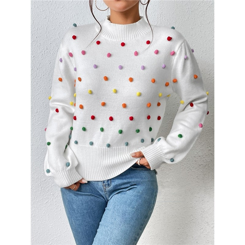 Long Sleeve Crewneck Colorful Balls Embellished Casual Knitted Sweater