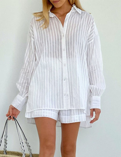 Striped Lantern Sleeves Shirt Short Set
