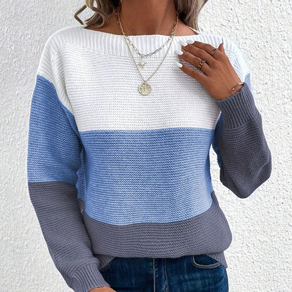 Knitted Sweater Color Block Round Neck Long Sleeve