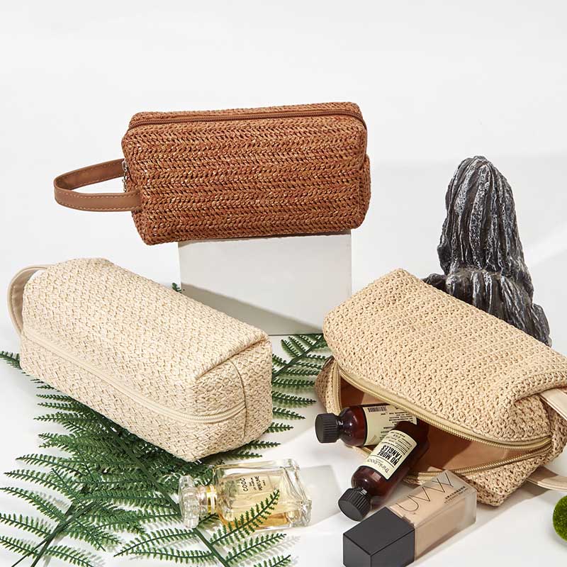 Solid Color Straw Weave Makeup Bag