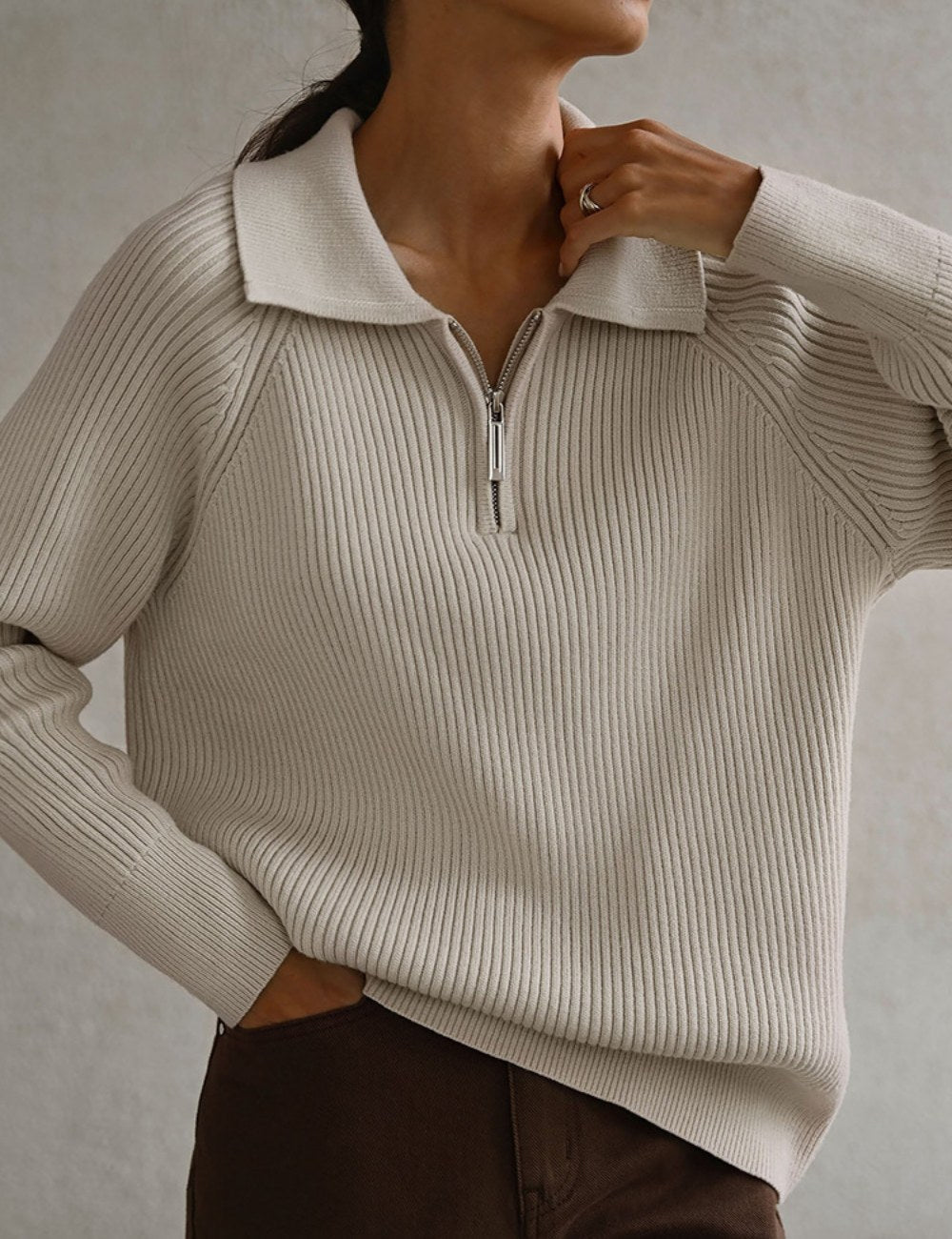 Solid Color Zipper Sweater Loose Knit Sweater