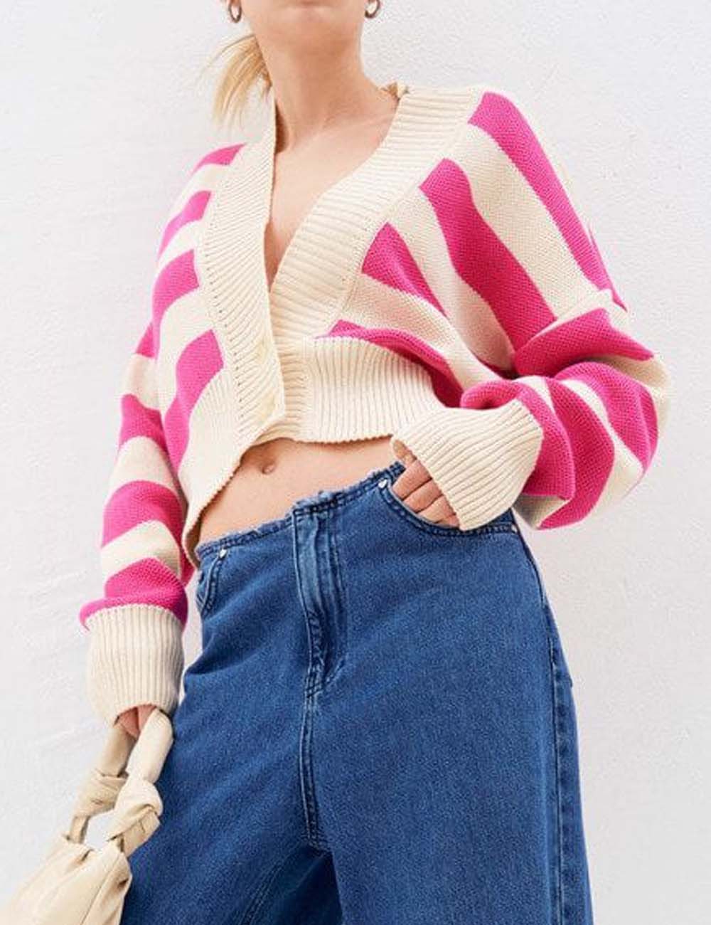 Loose Striped Long Sleeve Knit Cardigan
