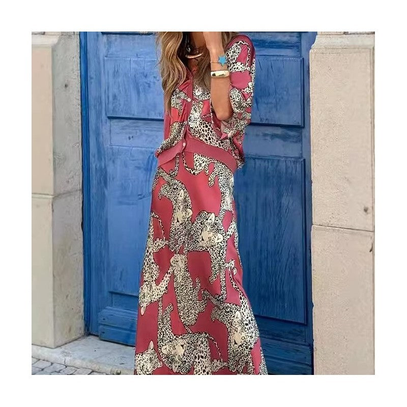 Floral Print Button-Up Top And Skirt Set