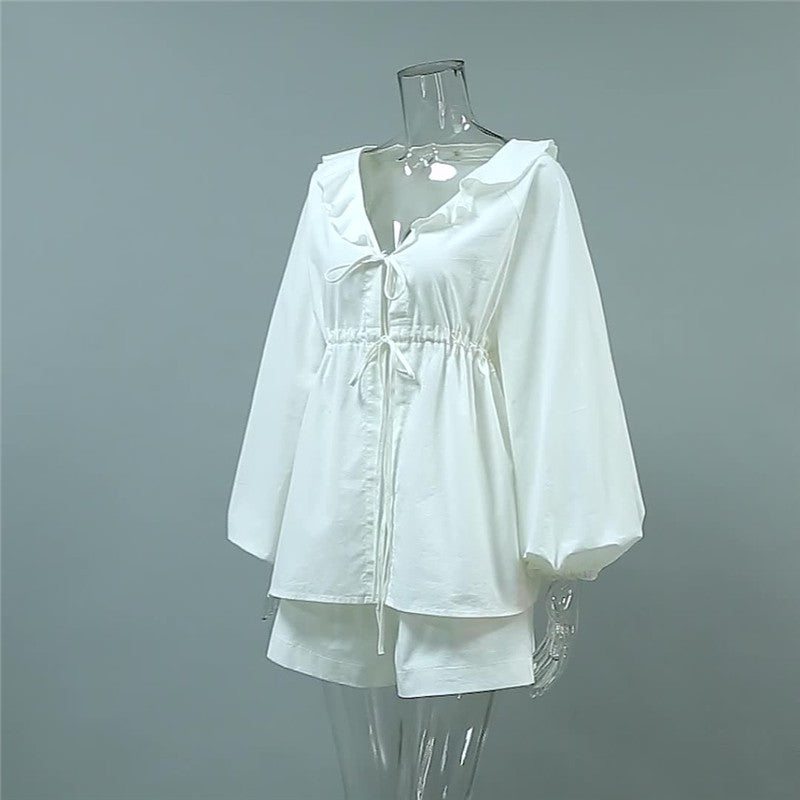White Lantern Sleeve V-Neck Top And Shorts Set