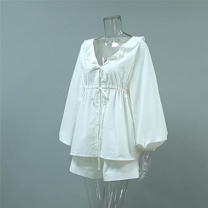 White Lantern Sleeve V-Neck Top And Shorts Set