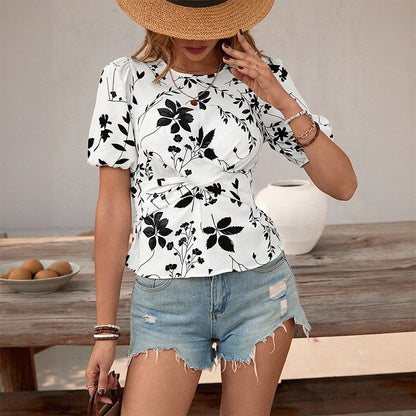 Bubble Sleeve Top With Round Neckline