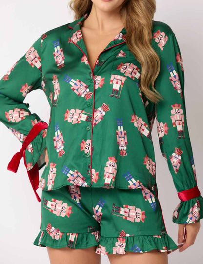 Cute Tree Print Satin Ruffled Pajamas Set