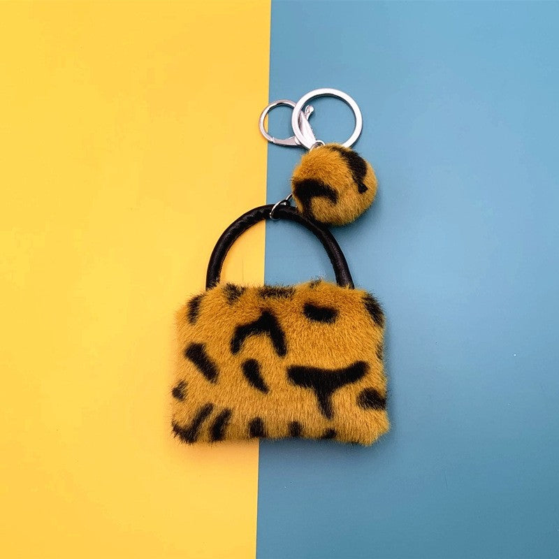 Furry Leopard Print Bag Keychain