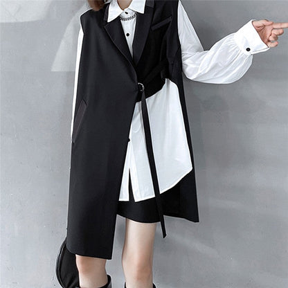 Solid Color Tailored Collar Irregular Tied Loose Vest