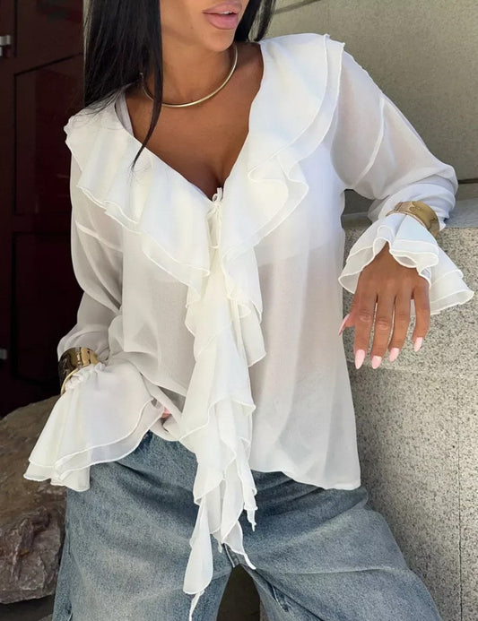 Ruffle V-Neck See Through String Tops