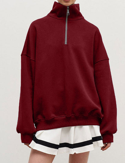 Casual Half Zipper Collared Long Sleeve Top