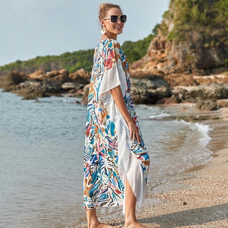 Contrast Color Patchwork Printing V-Neck Half Sleeve Casual Loose Long Beach Dress Bikini Cover-Up
