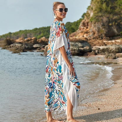 Contrast Color Patchwork Printing V-Neck Half Sleeve Casual Loose Long Beach Dress Bikini Cover-Up