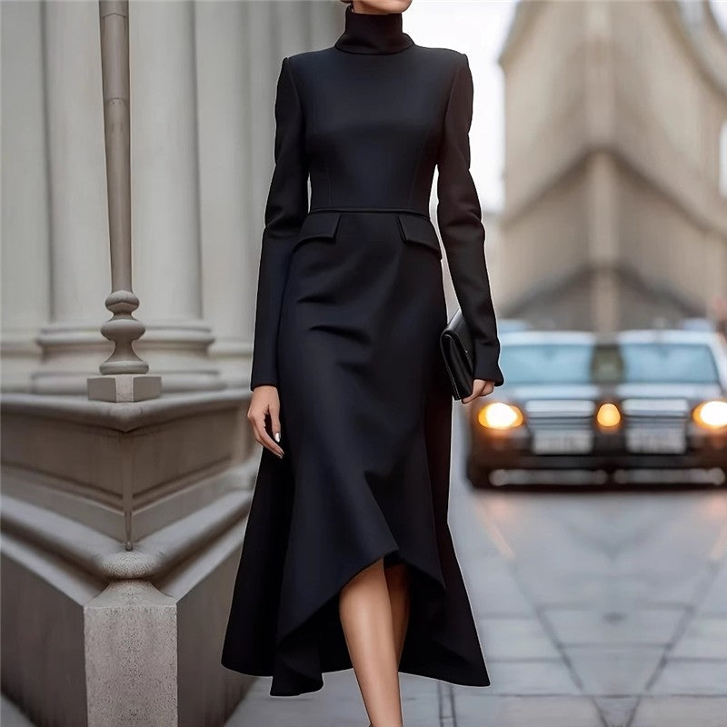 Solid Color Slim High Neck Waist Long Sleeve Dress
