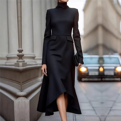 Solid Color Slim High Neck Waist Long Sleeve Dress