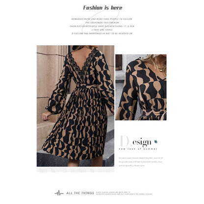 Contrast Color Printing Long Sleeves V-Neck Waist Tied A-Line Midi Dress