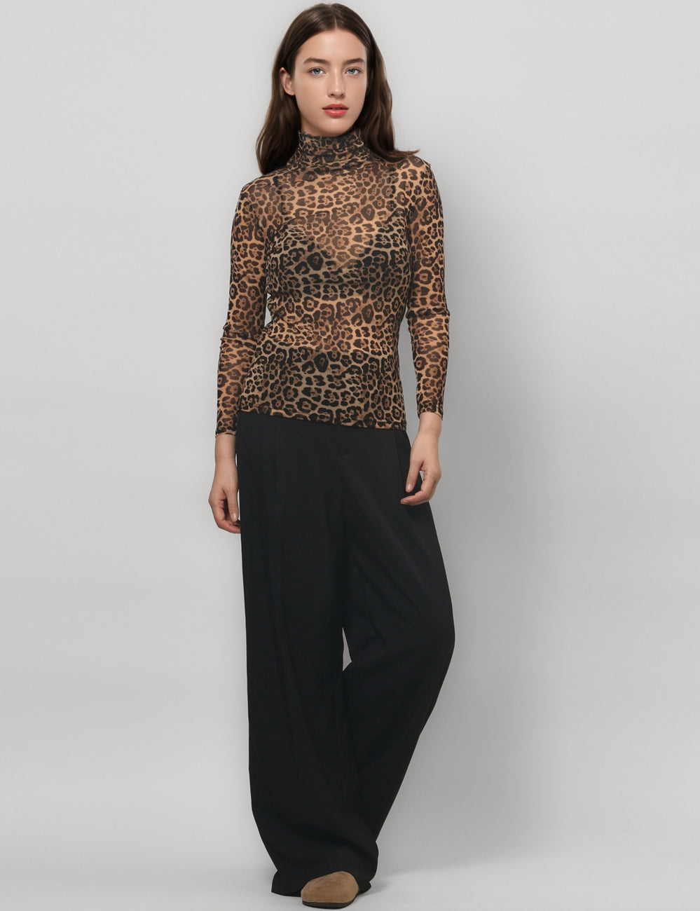 Leopard Print HIgh Collar Slim Fit Sexy Mesh Top
