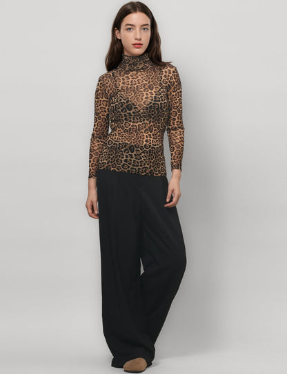 Leopard Print HIgh Collar Slim Fit Sexy Mesh Top