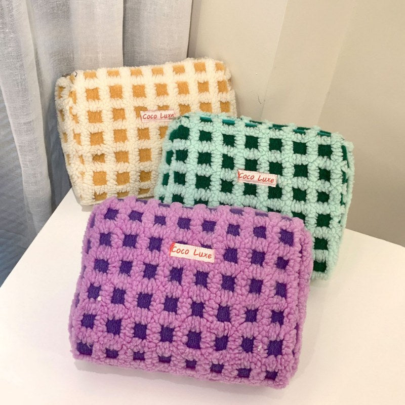 Waffle Checkerboard Plush Makeup Bag