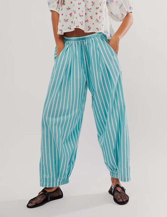 Casual Elastic Waist Color Block Striped  Pants