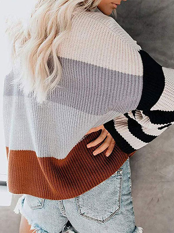 Contrast Color Long Sleeves Sweater Tops
