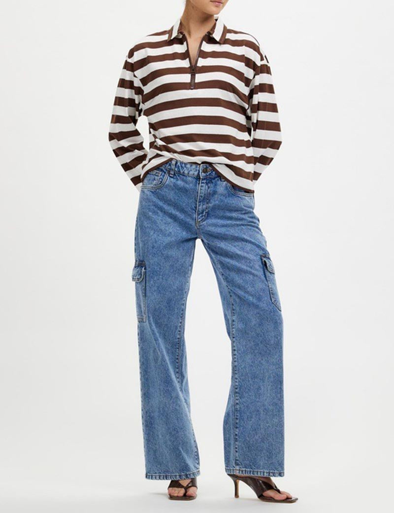 Cozy Striped Lapel Zip Polo Sweatshirt