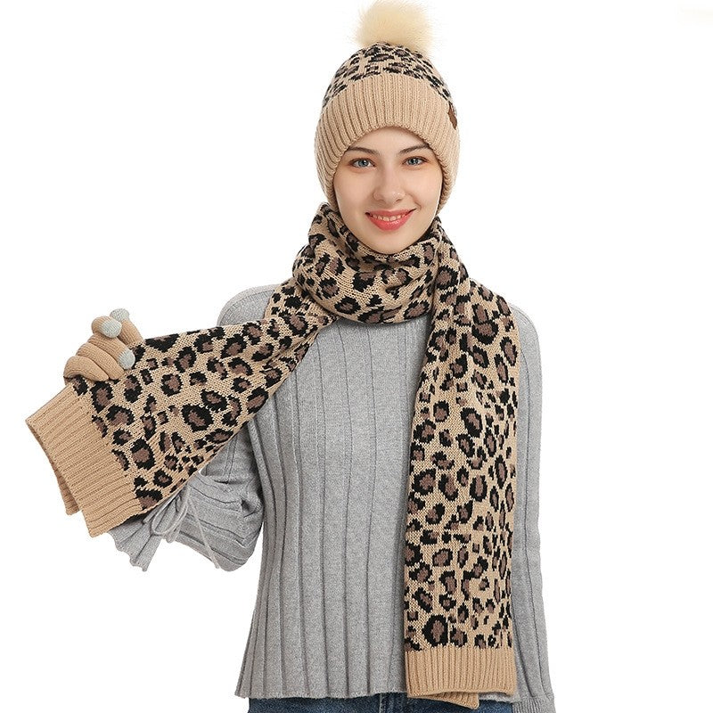 Leopard Print Warm Wool Hat Scarf Gloves Three-Piece Set