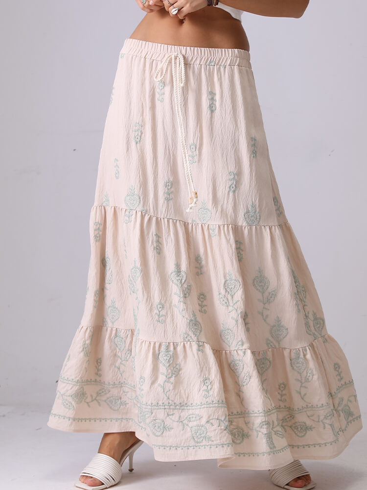 Floral Embroidered String Maxi Skirt