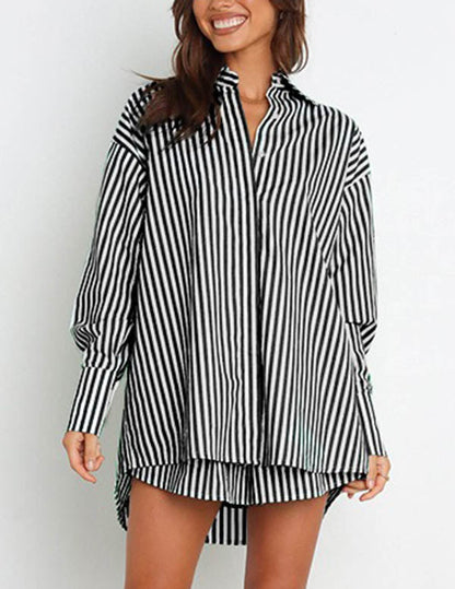 Stripe Color Block Split Shirt Short Set
