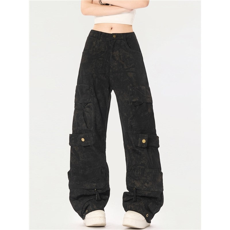 Distressed Cargo Wide-Leg Pants Unisex Loose Fit Casual Trousers
