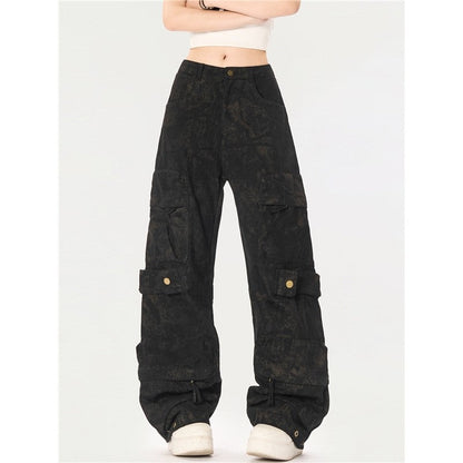 Distressed Cargo Wide-Leg Pants Unisex Loose Fit Casual Trousers