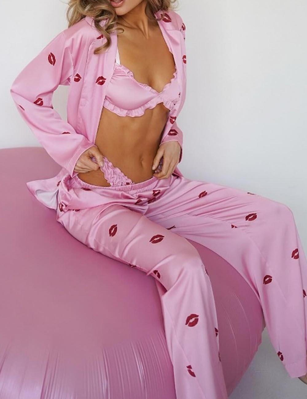 3 Pcs Sexy Print Soft Satin Pajamas Set